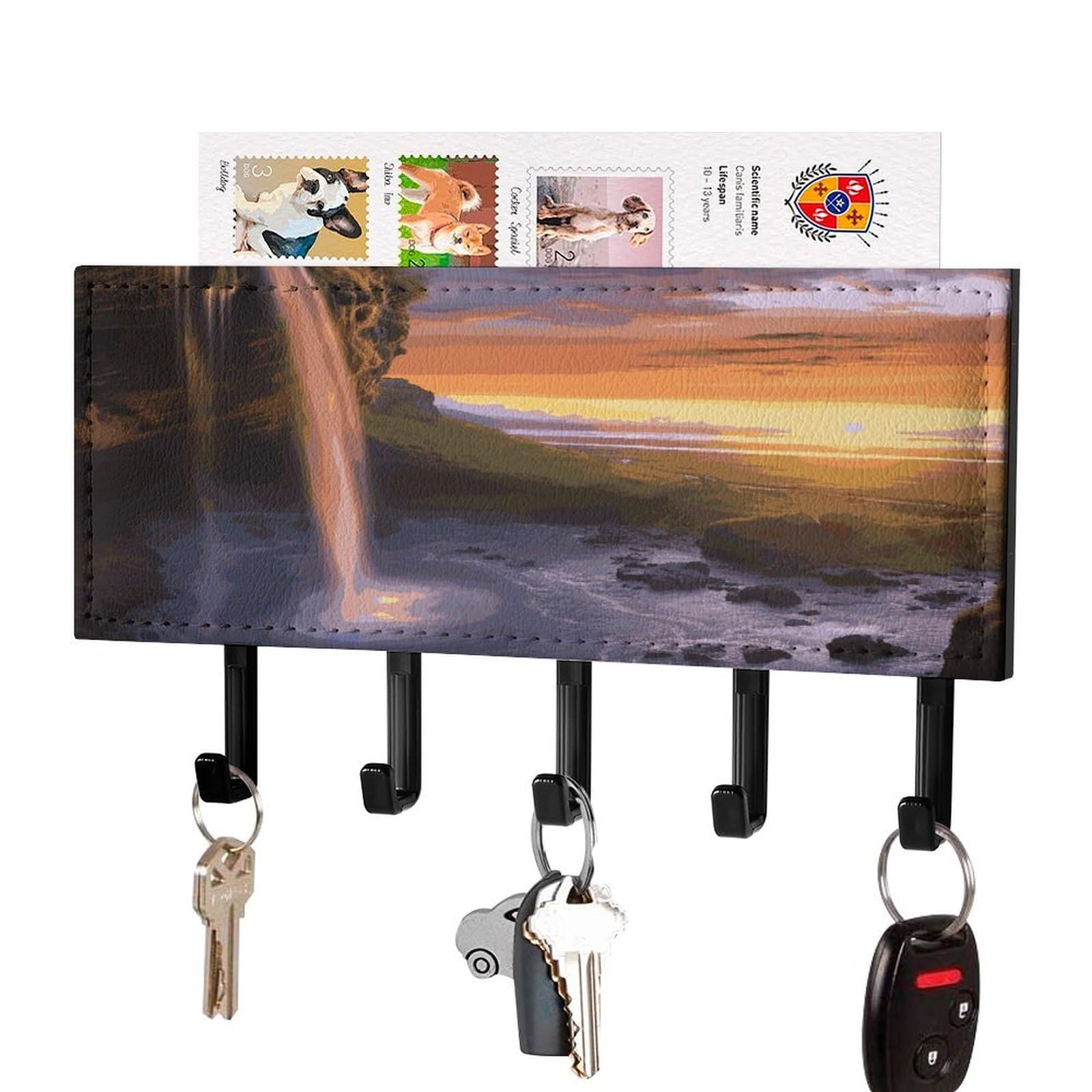 Vstadank Black-Style Waterfall At Sunset Key Holder For Wall Mount With 5 Hooks Decorative Key And Mail Holder Farmhouse Wall Hooks With Shelf Pu Leather Key Rack With Mail Holders For Entryway Home