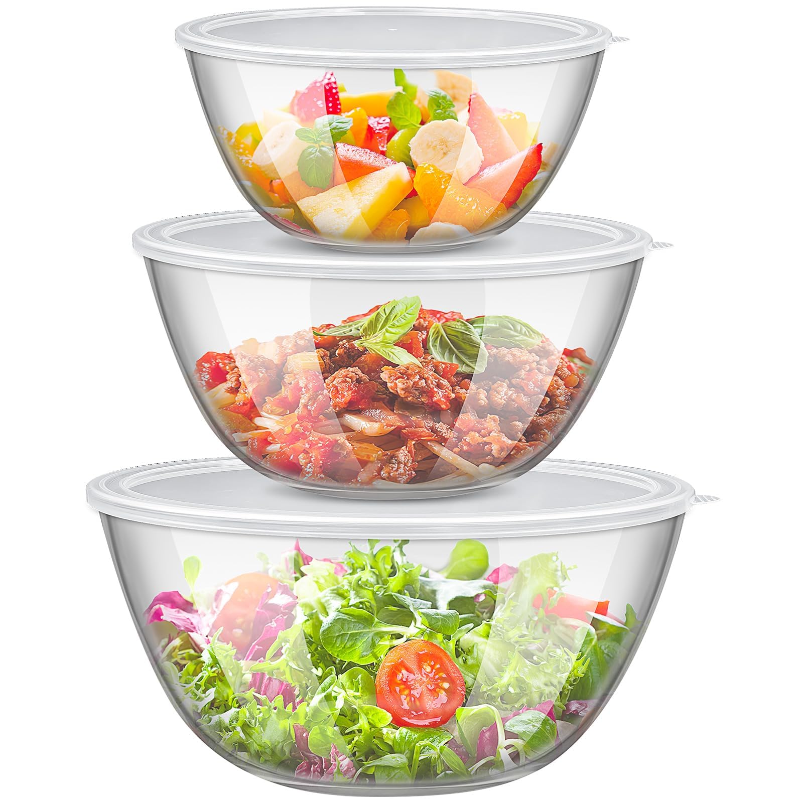 Lot de 3 Bols Mélangeurs en Verre Borosilicate avec Couvercles | Saladiers Gigognes 2 L, 2,5 L et 4,2 L pour Préparation, Conservation, Pâtisserie, Four et Micro-ondes