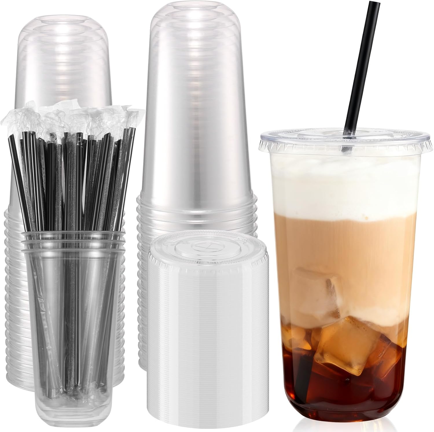 100 Pcs 20 Oz Clear Plastic Cups with Lids and Straws, Disposable Round Bottom Togo Cups for Iced Coffee Smoothie Beverage Cold Drinks Disposable Iced Coffee Cup for Party Catering BBQ