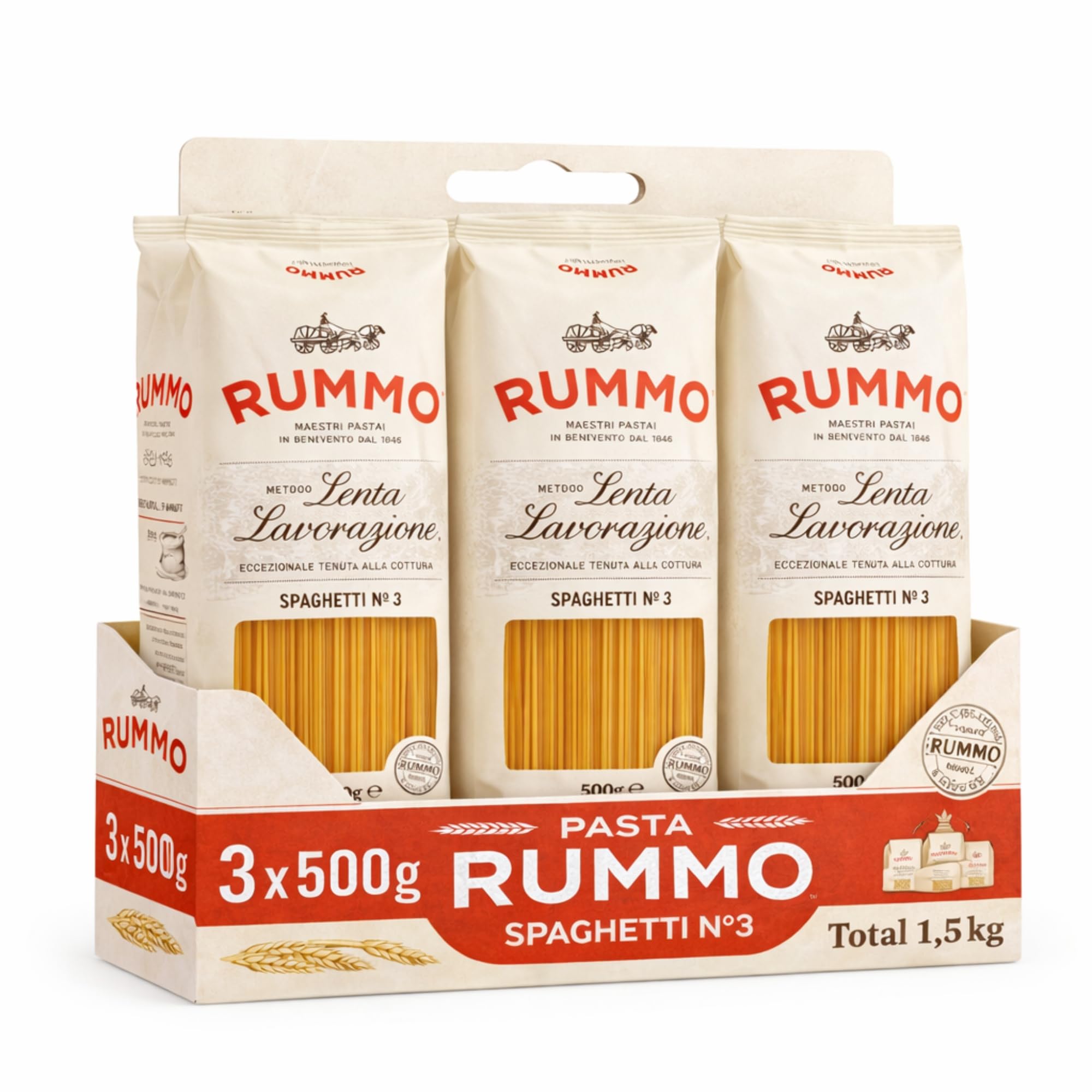 Spaghetti Rummo Nº3, Pasta Italiana, Pasta alimenticia de sémola de trigo duro, Contiene gluten, Puede contener trazas de soja, 3 Paquetes de 500 gr