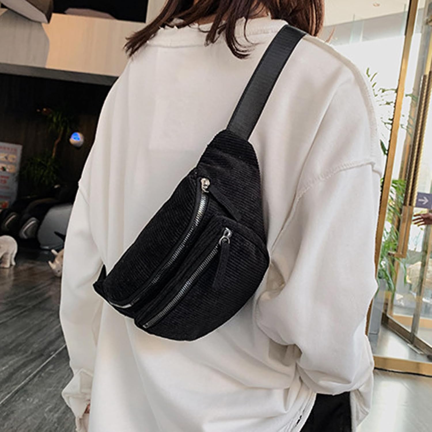 eYLun Women Fanny Pack Crossbody Bag Casual Corduroy Waist Bag Adjustable Chest Bag Waist Pack for Travel Walking Running Hiking Cycling Black