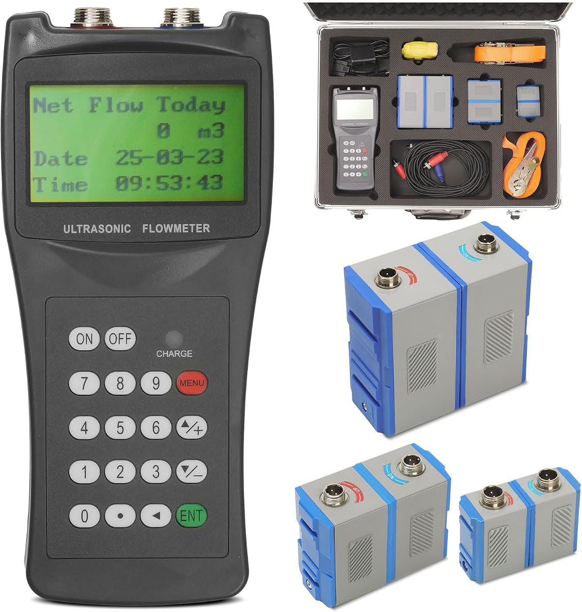 Handheld Ultrasonic Flow Meter Kit, Portable Clamp-on Liquid Flowmeter with 3 Transducer Sets, DN15-DN6000 Pipe Range, RS232 Data Logging, Non-Invasive Water Flow Meter