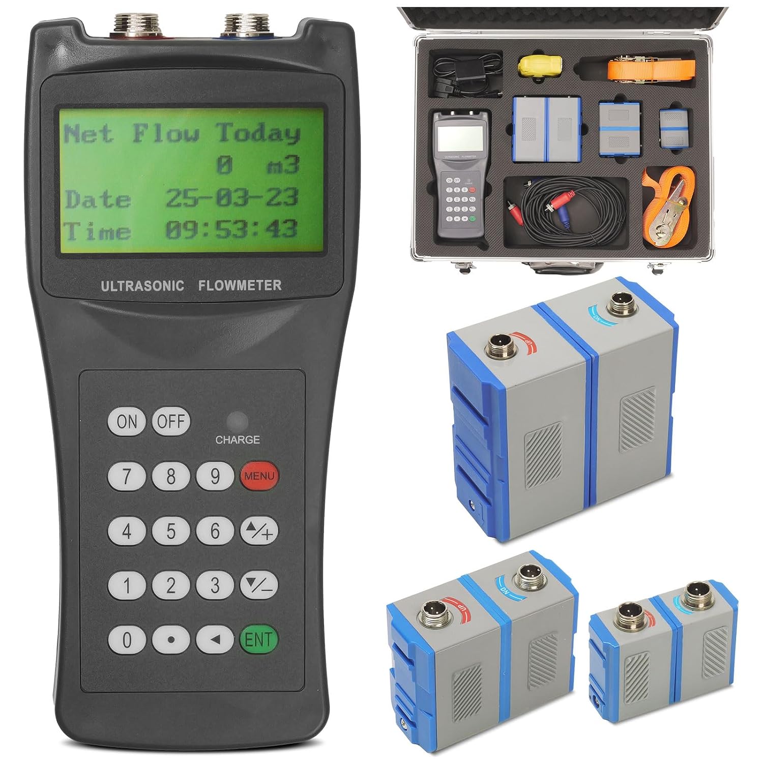 Handheld Ultrasonic Flow Meter Kit, Portable Clamp-on Liquid Flowmeter with 3 Transducer Sets, DN15-DN6000 Pipe Range, RS232 Data Logging, Non-Invasive Water Flow Meter