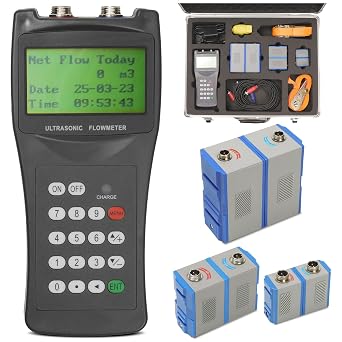 Handheld Ultrasonic Flow Meter Kit, Portable Clamp-on Liquid Flowmeter with 3 Transducer Sets, DN15-DN6000 Pipe Range, RS232 Data Logging, Non-Invasive Water Flow Meter