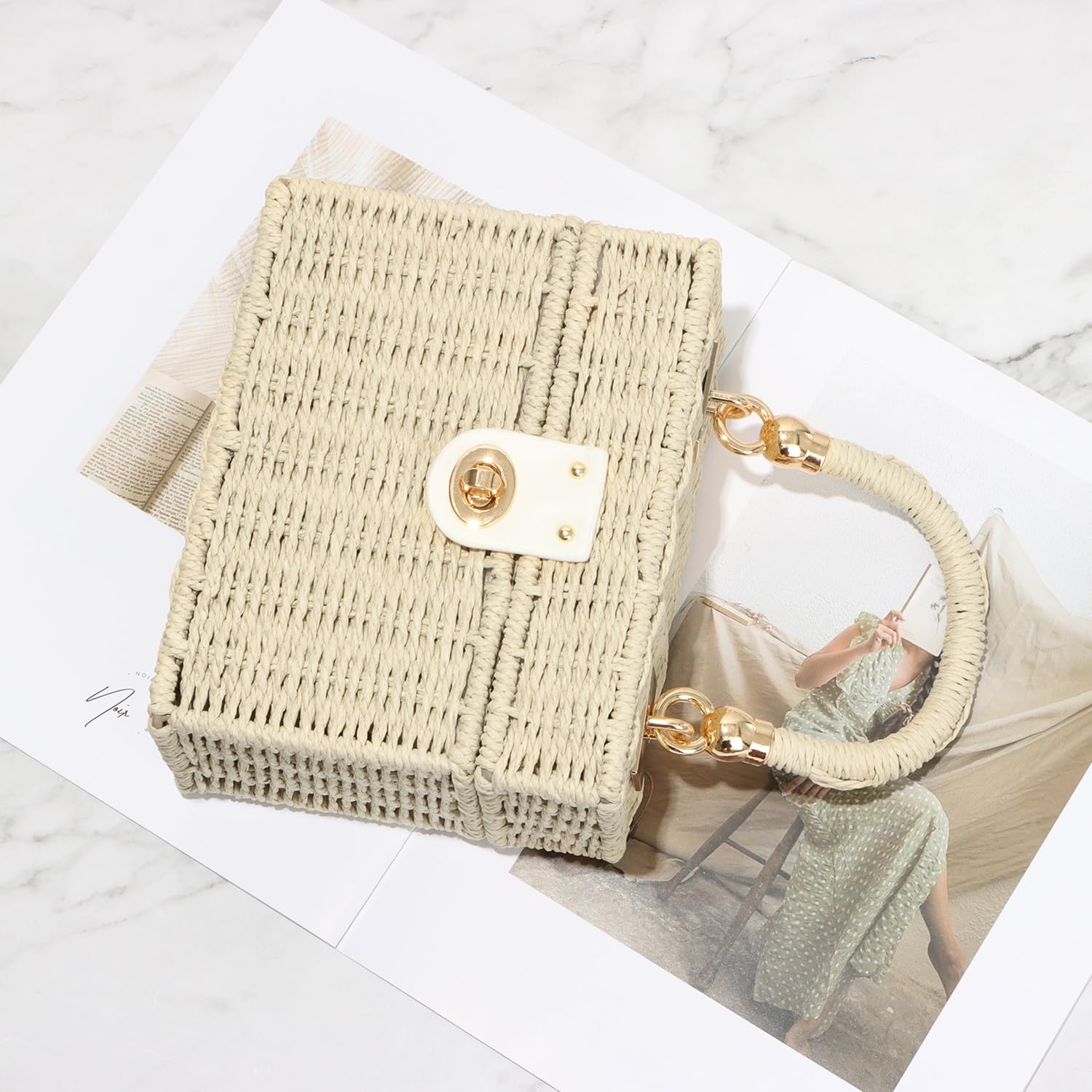 KUANG! Handwoven Rattan Bag for Women Woven Straw Square Crossbody Bag Vintage Basket Purse Beach Tote Bag - Image 3