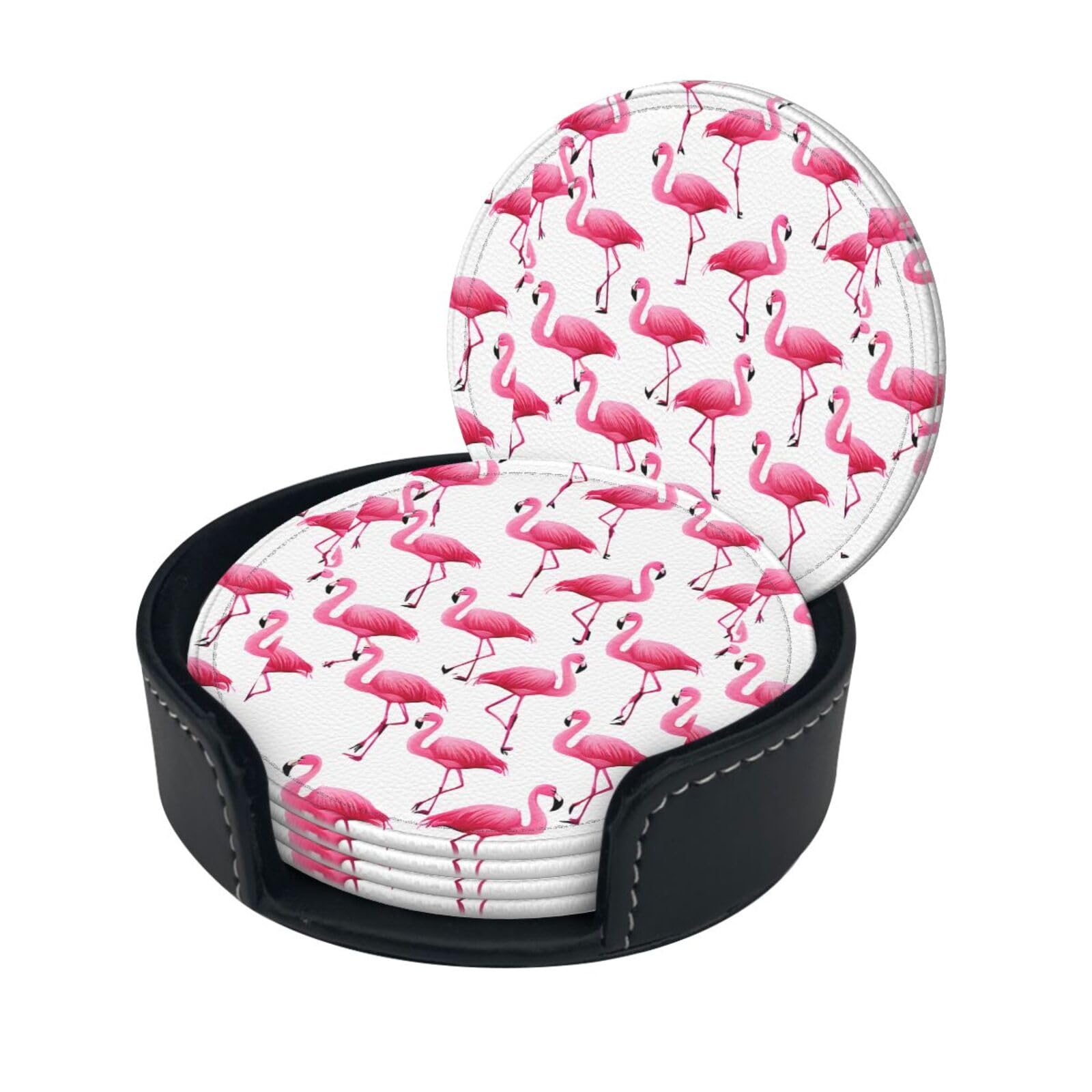Pink Flamingo Print Coaster,Round Leather Coasters with Storage Box for Wine Mugs,Cold Drinks and Cups Tabletop Protection (6 Piece)