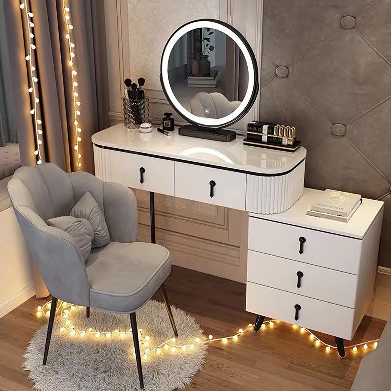asdchZen Modern Vanity Desk Set With Led Lights Adjustable Cabinet And Cushioned Stool 3 Lighting Modes Ideal For Home Bedroom Studio,White+black-120cm/47in