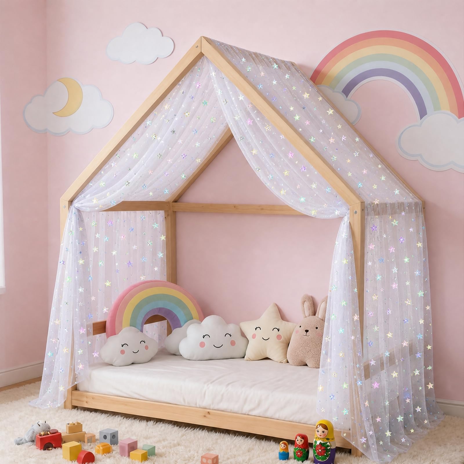 Allbestaye Sheer House Bed Canopy Curtain with Iridescent Stars 150 x 365cm