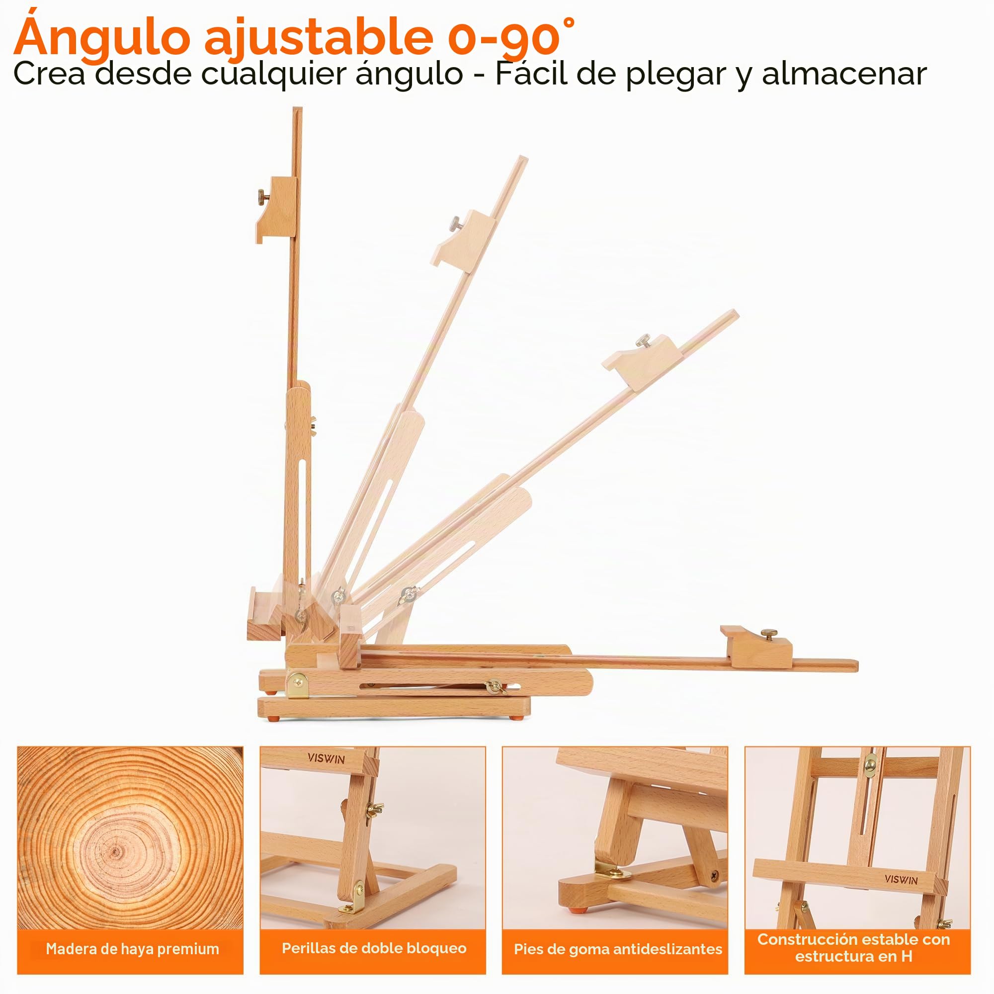 VISWIN Caballete de mesa pequeño en H 63 cm, ajustable, madera de haya, para lienzos hasta 38 cm, caballete portátil para adultos, artistas, principiantes – Natural