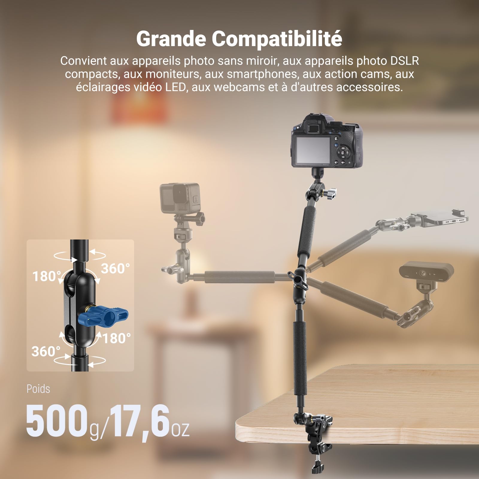 NEEWER Bras Magique 55cm avec Pince, Support Caméra Articulé Bureau avec Deux Rotules, Filetages 1/4" 3/8" pour Arri, Support Téléphone Compatible avec iPhone DSLR Action Cam Éclairage Vidéo, UA057