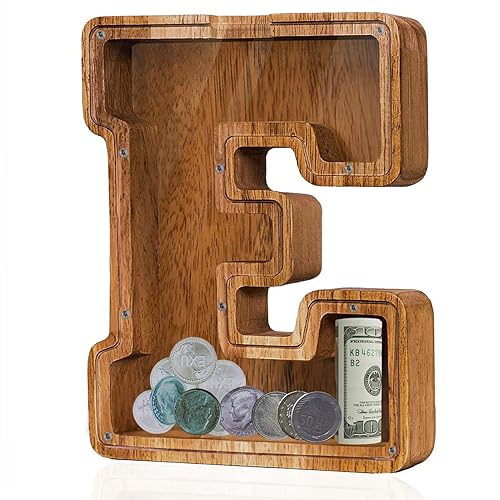 Vista 152 de Customized Name Large Wooden Piggy Bank for Boys Girls Alphabets Letter A-Z Coins Bills Money Change Bank Box Initial on Clear Cover