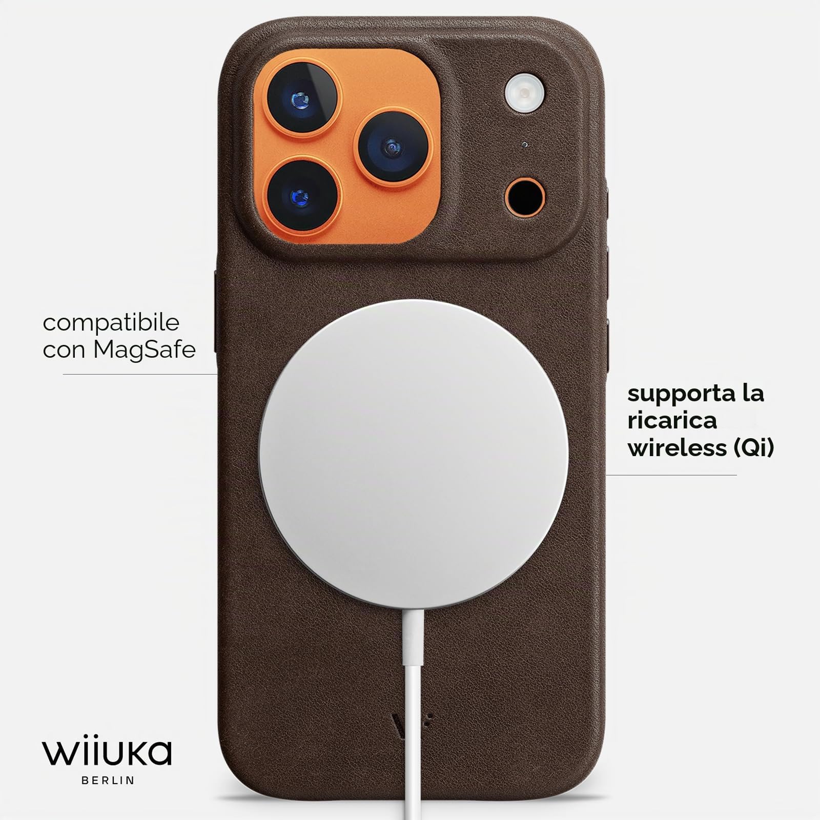 WIIUKA Custodia per iPhone 17 Pro Max, pelle dalla Germania, custodia in pelle extra sottile, custodia premium per smartphone, Case, Qi, skiin, marrone vintage