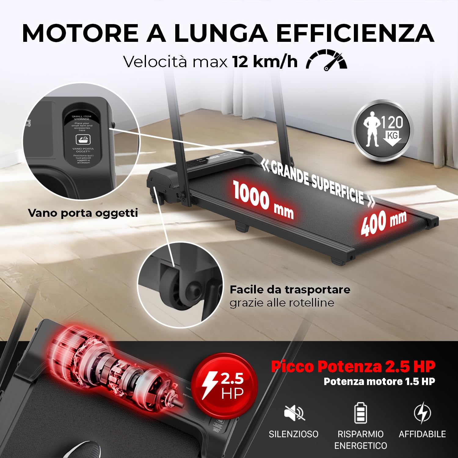 YM Tapis Roulant Salvaspazio 12 km/h, MARCHIO ITALIANO, Inclinazione, Telaio rinforzato, Elettrico, Pieghevole, 12 Programmi, Your Move ASSISTENZA ITALIA, Mod. 2026