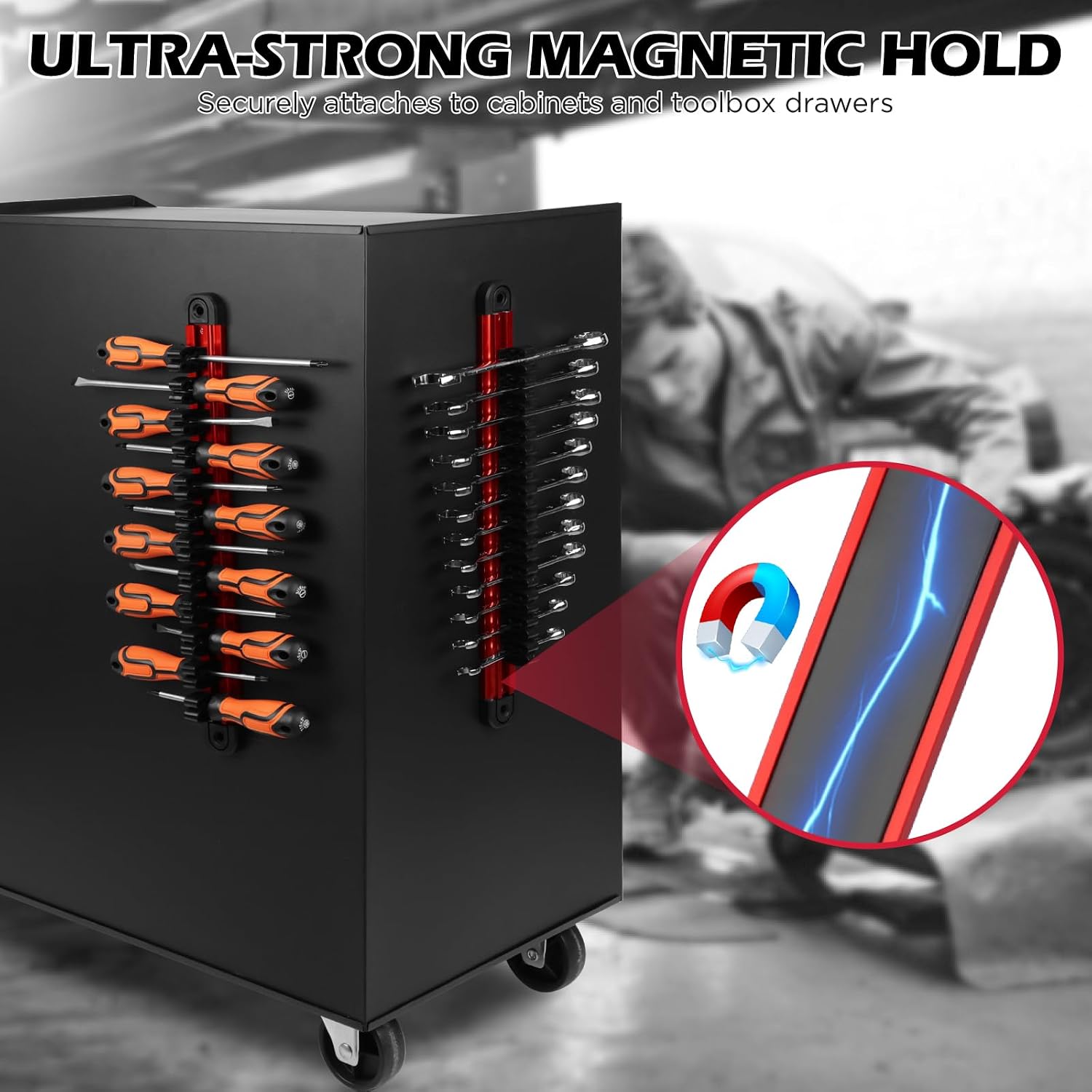 2-Piece Magnetic Screwdriver Organizer and Wrench Organizer, 28-Slot Screwdriver and Wrench Holder, Magnetic Aluminum Rail Tool Organizer for Tool Box Drawer Wall-Mount Storage,Red(Tools not Included)