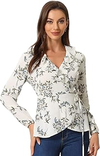 Women's Floral V Neck Wrap Top Long Sleeve Tie Waist Ruffle Peplum Blouse