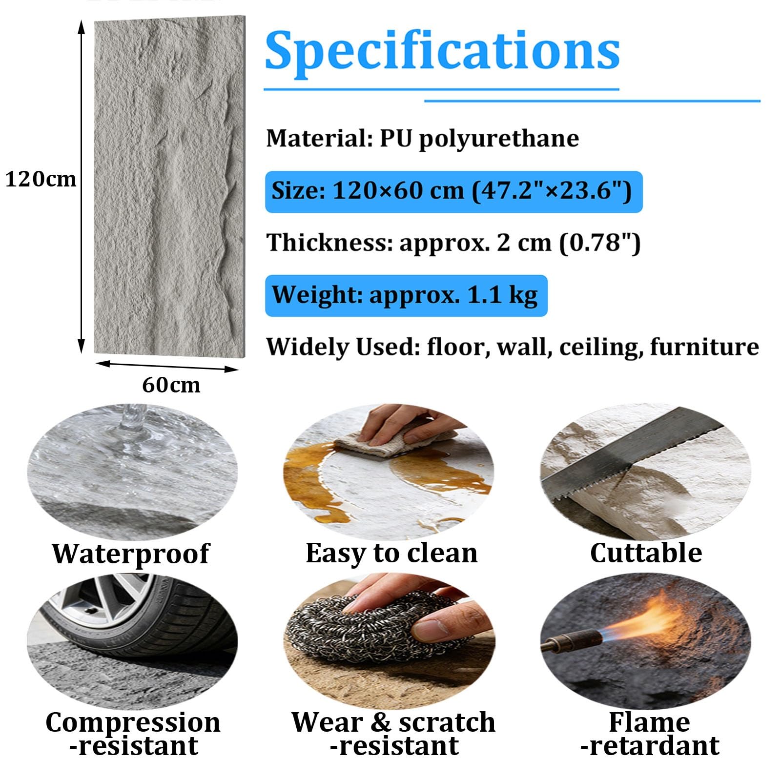 Panele ścienne 3D z imitacji kamienia, dekoracyjna powłoka do pomieszczeń i gabinetów mieszkalnych, kamień naturalny teksturowany panel ścienny (styl 8,120 x 60 cm-5 szt.)