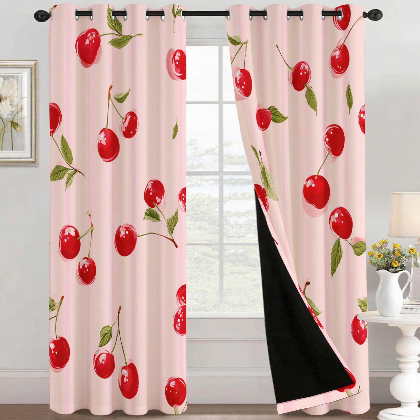 Générique Rideau Occultant Cerise Rouge, 140 x 220 (LxH) 2 Pieces, Opaque 95%, Motif Fruit, Rideaux Fenetre Thermiques à Oeillets, Decoration Maison Salon Chambre CMC262