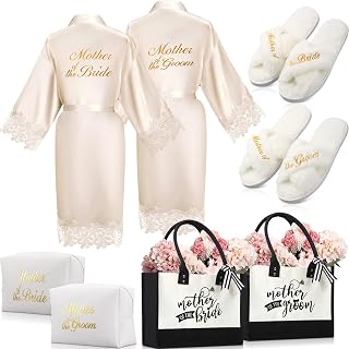 8 Pcs Mother of the Bride and Groom Gifts Bridal Robes Totes Slippers Makeup Bags for Mom Mother in Law Wedding Party(White)