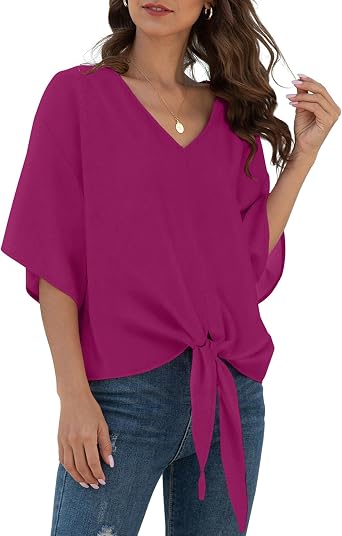 VIISHOW Womens Tie Front Chiffon Blouses V Neck Batwing Short Sleeve Summer Tops Shirts
