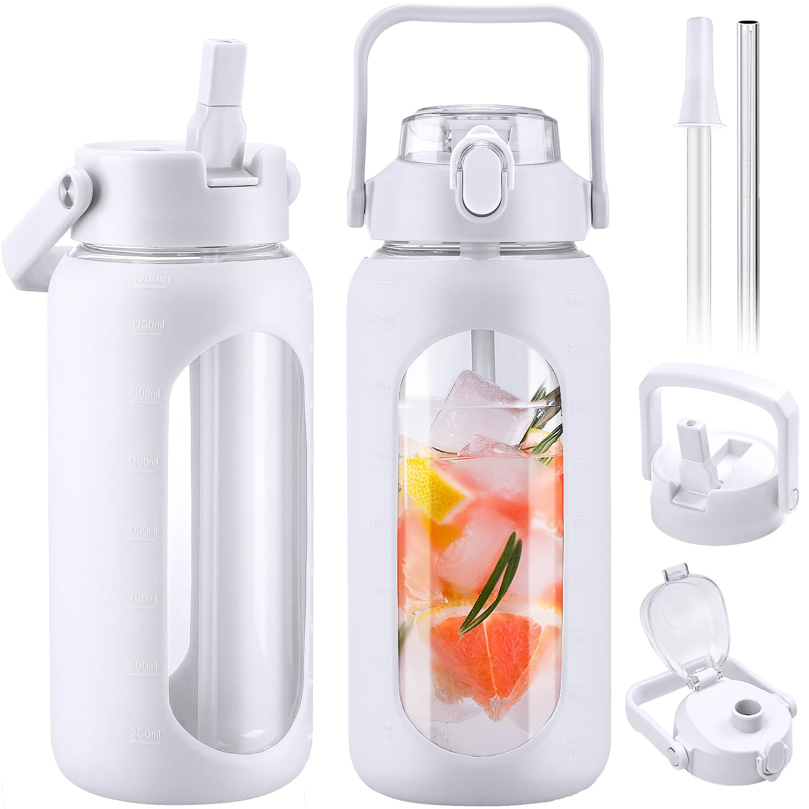 BLUEGO 2000ml Bottiglie d'acqua in vetro con 2 coperchi Bottiglia d'acqua con cannuccia 2L Bottiglia d'acqua grande con indicatori di capacità per sport A prova di perdite, Bianco