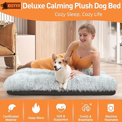 Miniatura 2 de KISYYO Cama para perro XL de lujo, acogedora y fijable, para jaulas, cama lavable para perros, 42 x 28 x 3 pulgadas, gris