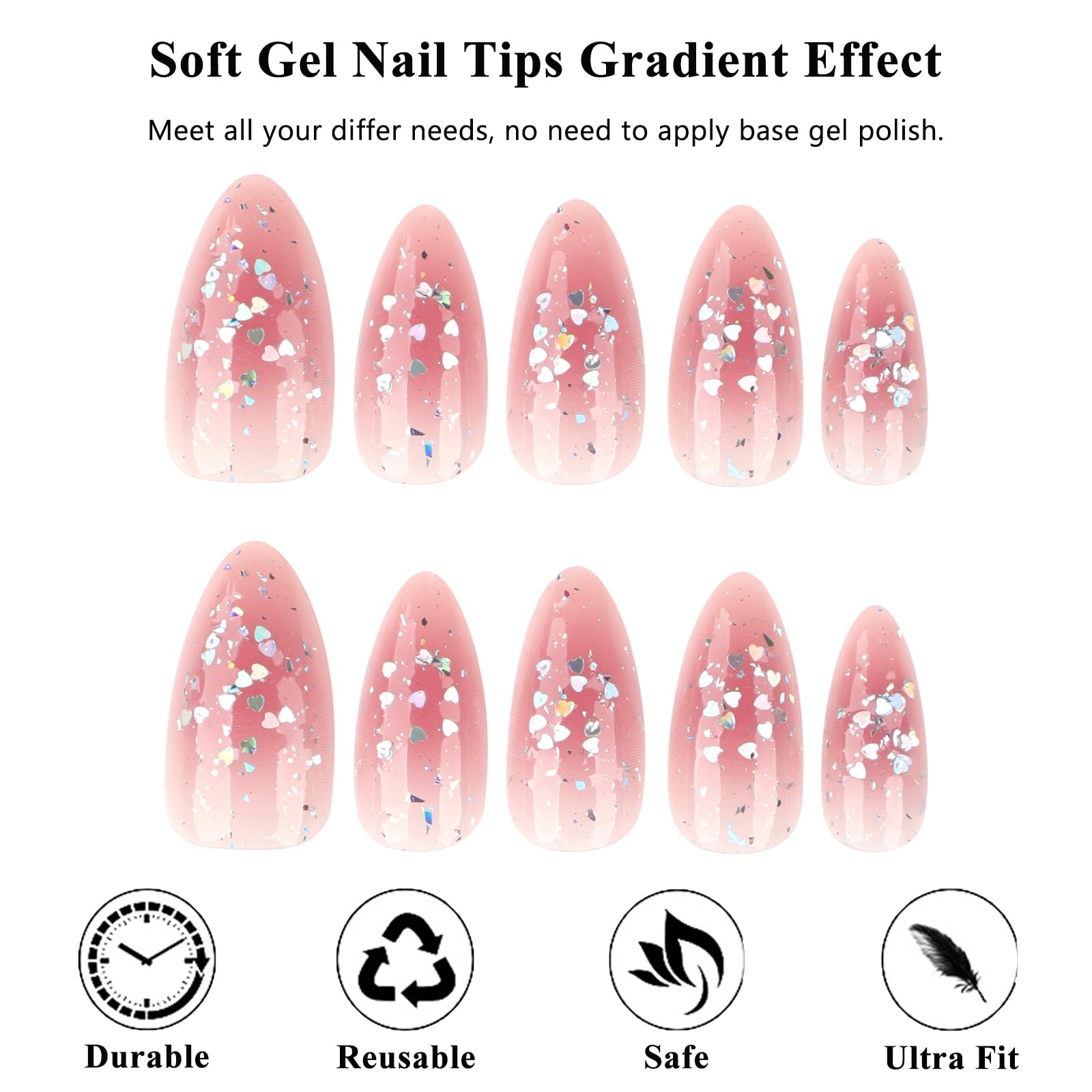 24Pcs Pink False Nails Short, Short Almond Press on Nails, Pink Press on Nails with Sparkles - Image 3
