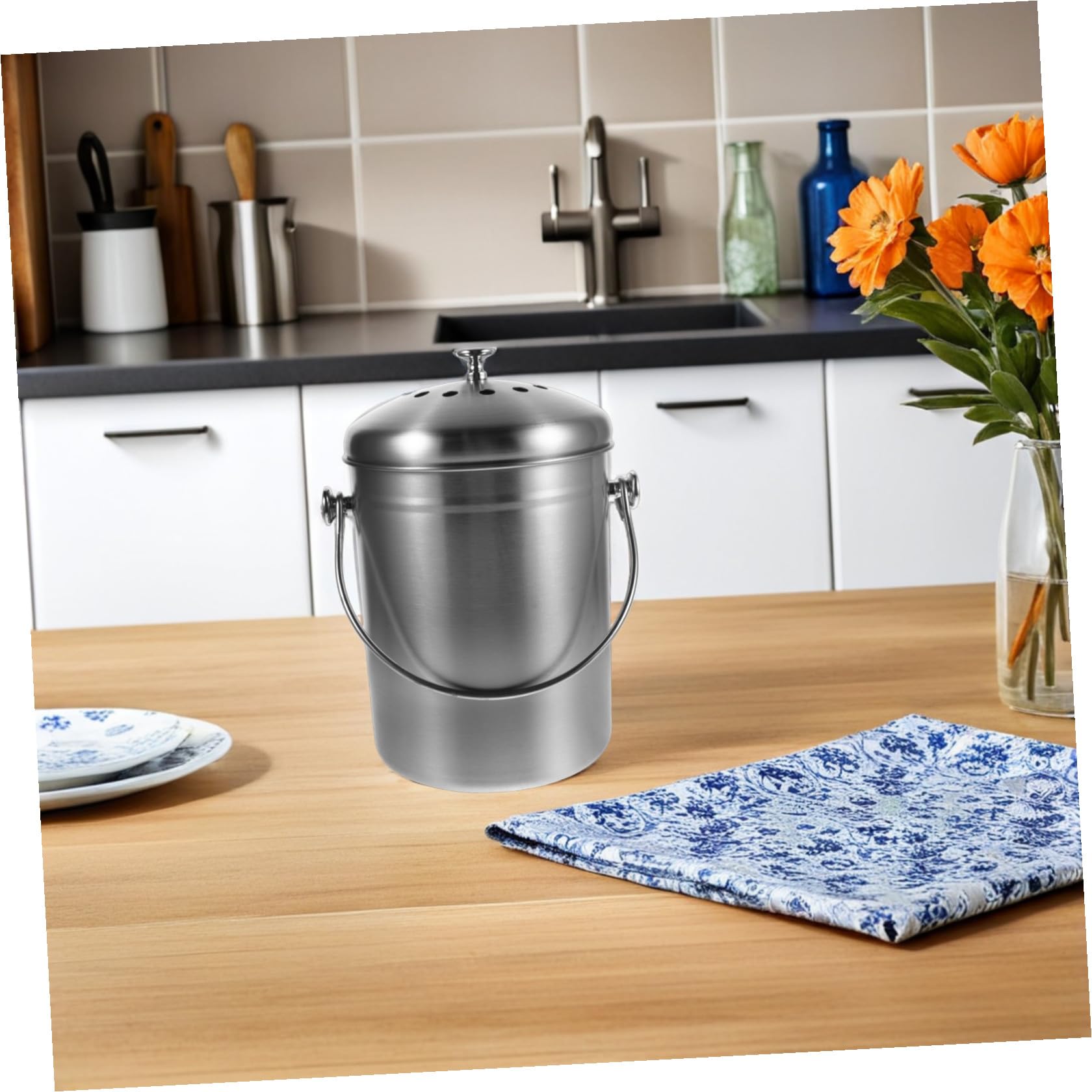 5l Edelstahl Küchenkomposteimer mit Deckel und Aktivkohlefilter Kompakter Biomülleimer für Obst und Gemüsereste für Küche und Innenbereich