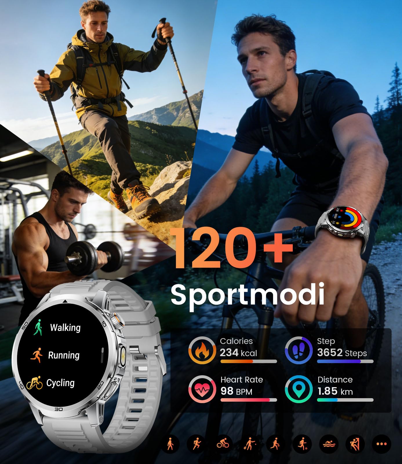 Smartwatch Militare Uomo, 1,85" HD 1000mAh Sport 110+ IP68 2 Cinturini