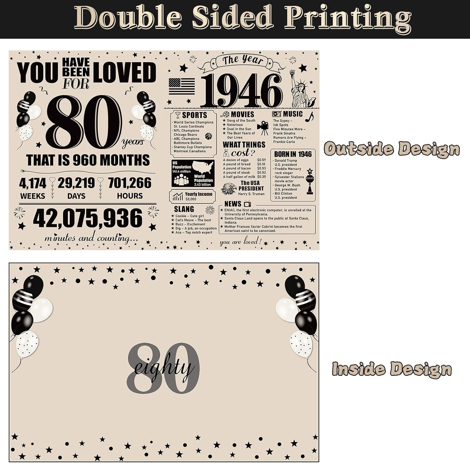 Large Vintage 80th Birthday Card With Envelope for Men Women, 1946 Funny Happy 80th Birthday Giant Huge Guest Signature Book Gifts, Big 1946 80 Greeting Card Decoration Party Supplies - Image 2