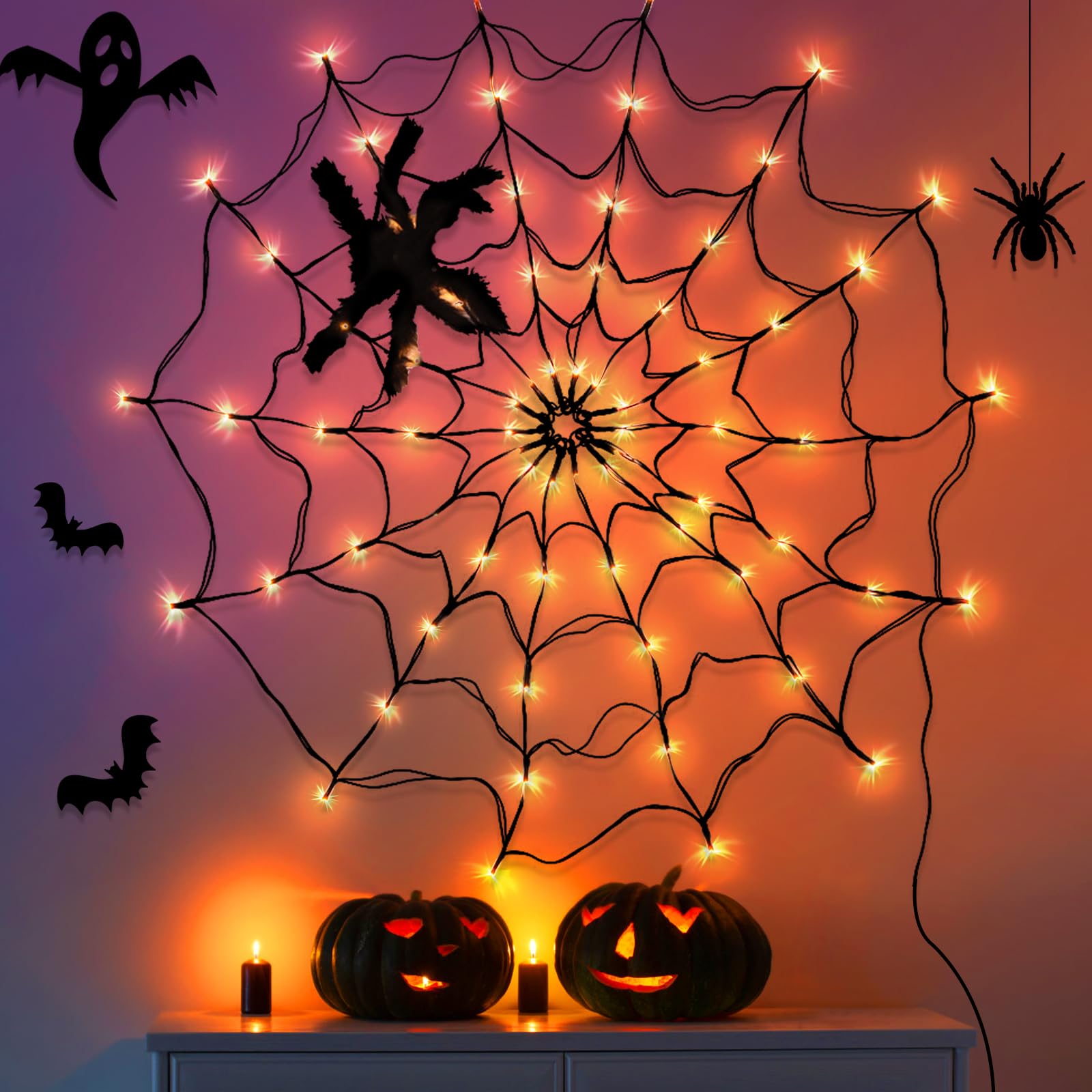 CNMTTCO Spinnennetz-Lichterkette mit Plüschspinne, 70 orange LED, Ø 100 cm