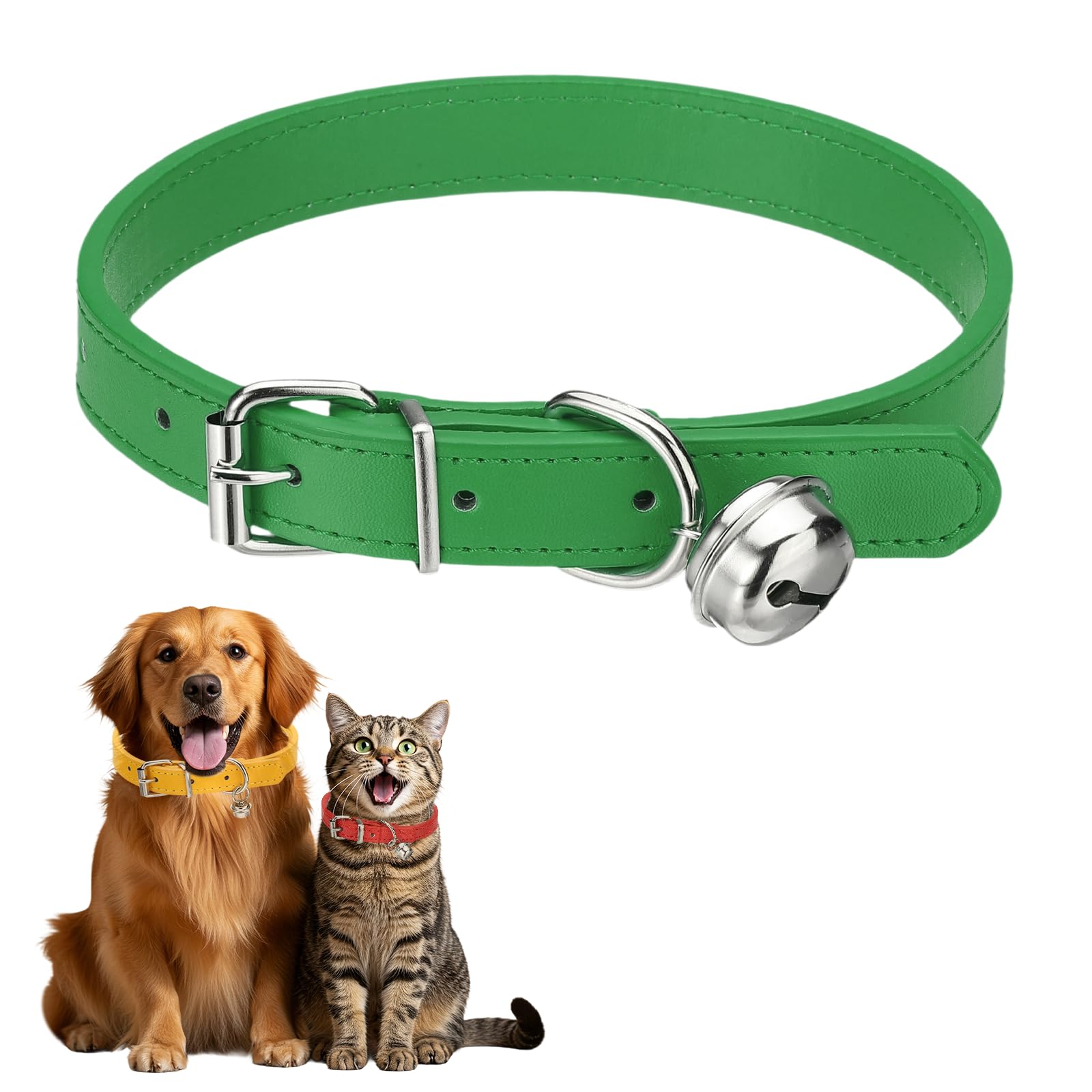sourcing map Dog Collar with Bell, Pu Leather Cat Collars Pet Basic Soft Padded Adjustable Buckle, 20" (Green, 1 Pcs), Intended for Teacup/Little Dog/Kitten Cats/Small Animals