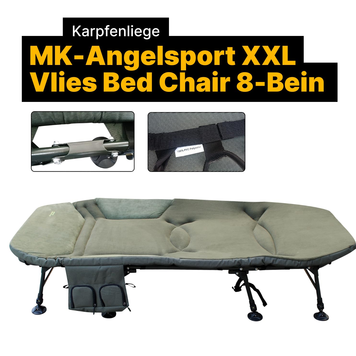 MK-Angelsport Karpfenliege XXL Vlies Angelliege Bed Chair 8-Bein Liege mit Matratze (203 x 91 x 40 cm) Campingliege Gästebett Fischerliege belastbar bis ca. 160kg