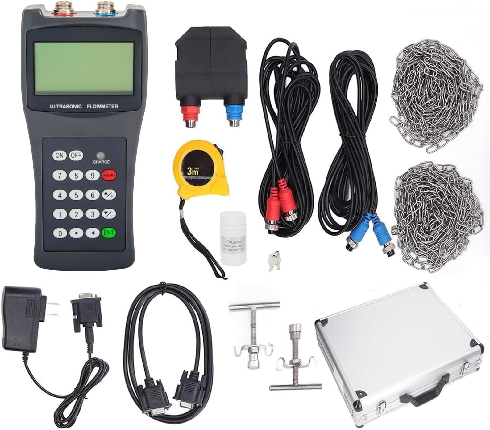 Portable handheld ultrasonic flow meter, Water Flow Meter, Peak Flow Meter with M2 Transducers, Range DN15-DN700mm, for Copper/PC etc., ±1% Accuracy,2000 Rows