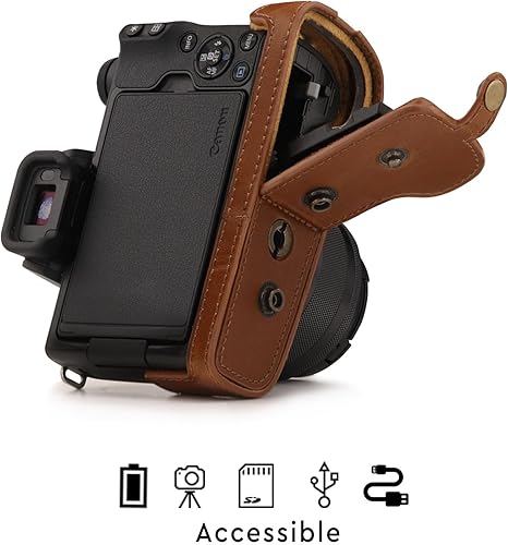 Miniatura 4 de MegaGear Canon EOS M50 - Funda de piel sintética para cámara, diseño siempre listo con acceso a la batería, lente de 0.591-1.772 in, color marrón