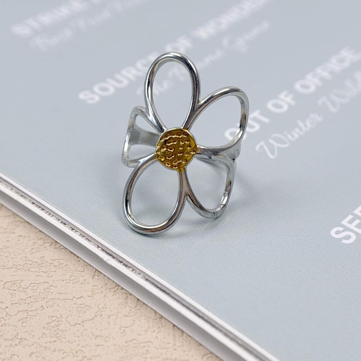 Gold Chunky Rings for Women Asymmetrical Wavy Curve Thumb Ring Irregular Thick Open Statement Rings Adjustable Stainless Steel Flower Finger Rings Non Tarnish - Image 7