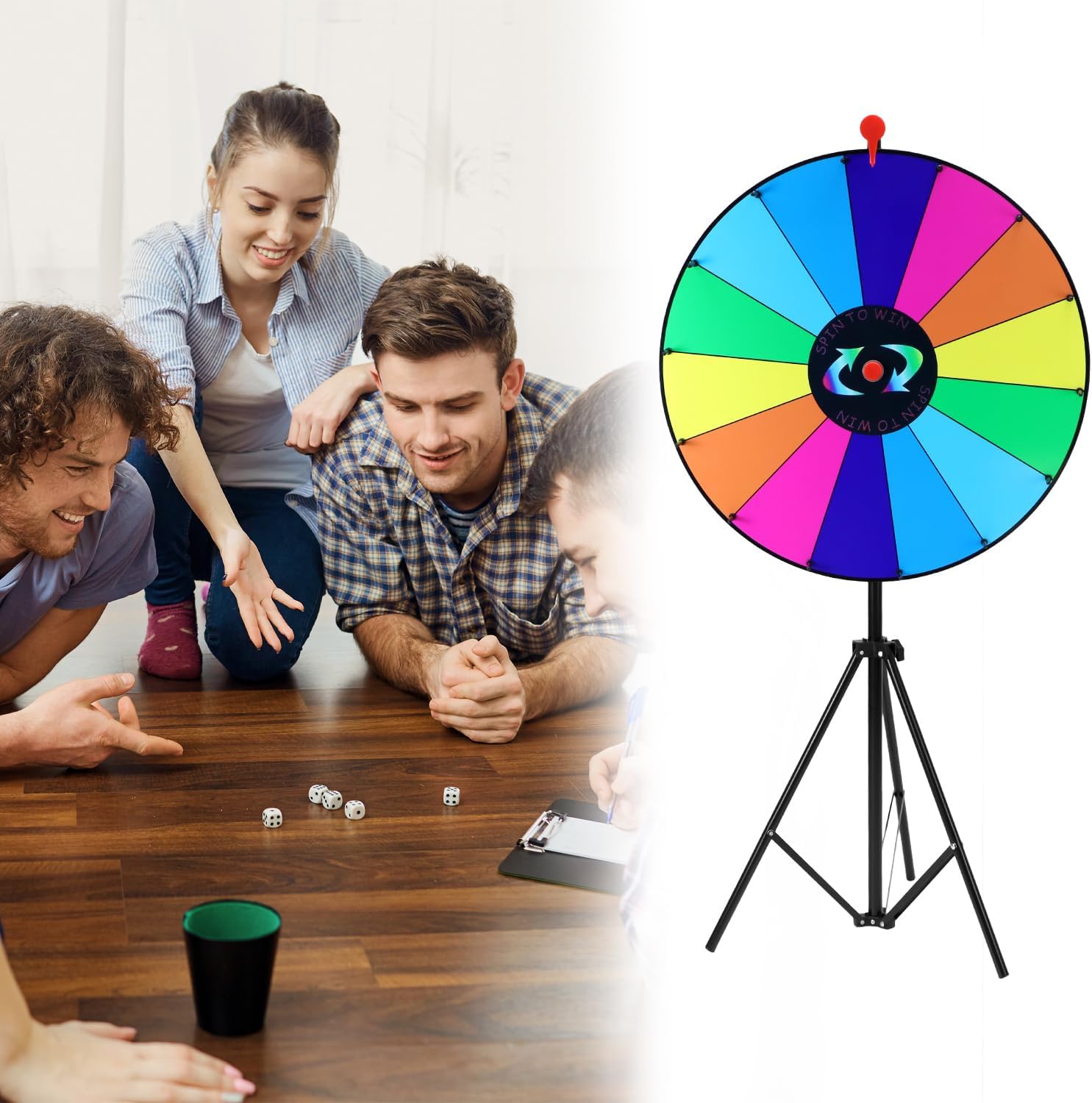 QWORK 24" Prize Wheel with Adjustable Folding Tripod Floor Stand 35"- 76", 14 Slot Tabletop Color Spinning Wheel, Wheel Spinner Game