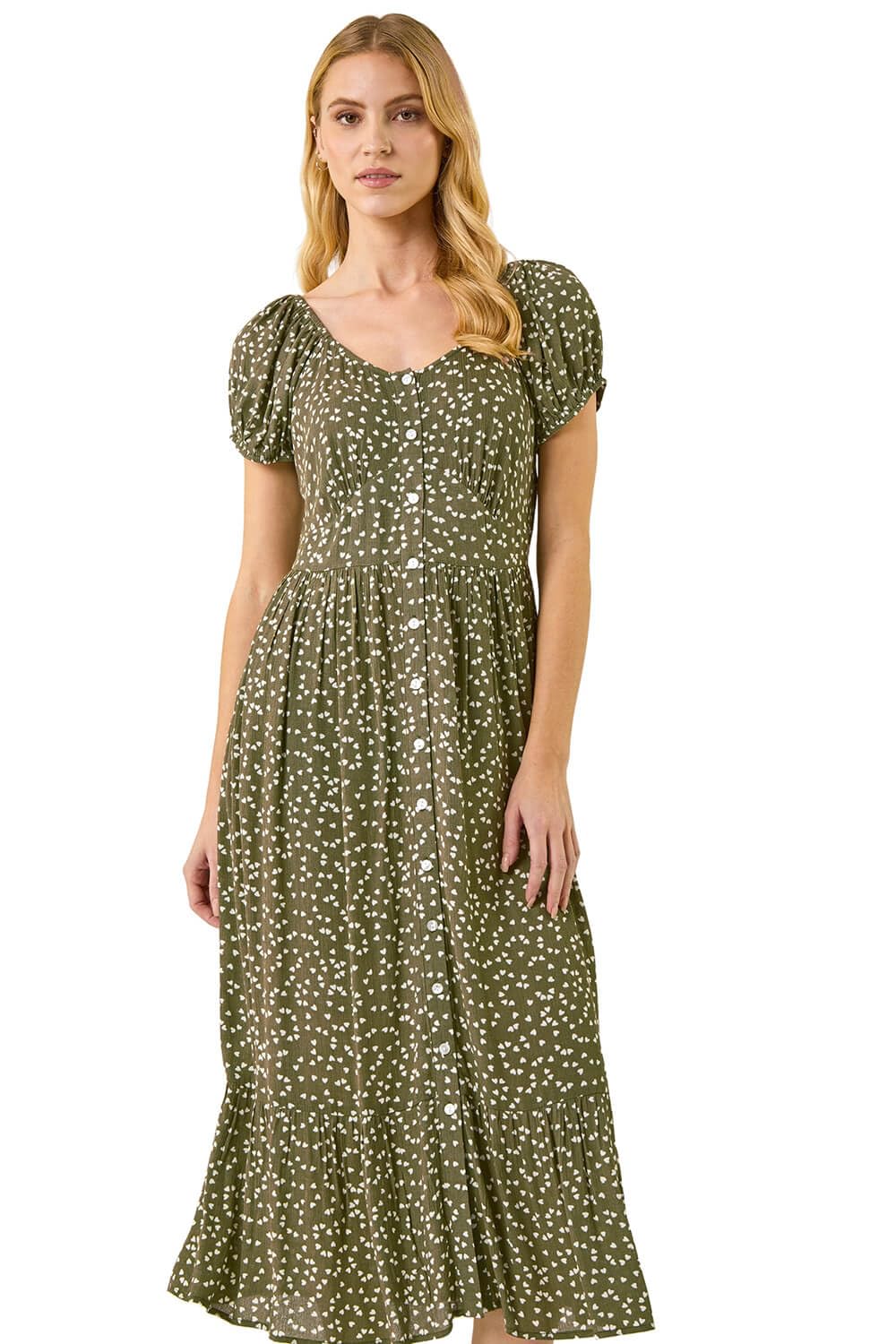 Roman Originals Women's Heart Khaki Swing Tea Dress Uk Skater Midi A Line Fit & Flare Summer Casual Smart Cocktail Party Going Out Work Cruise Button Through Long Pocket - Size 16