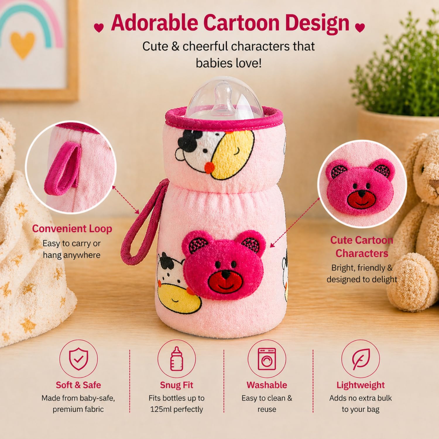 THE LITTLE LOOKERS Soft Plush Stretchable Baby Feeding Bottle Cover with Easy to Hold Strap | Cute Animated Overall Print Pack of 2 (Pink & Blue, Wide Neck 240-330ml/8-11oz) 3