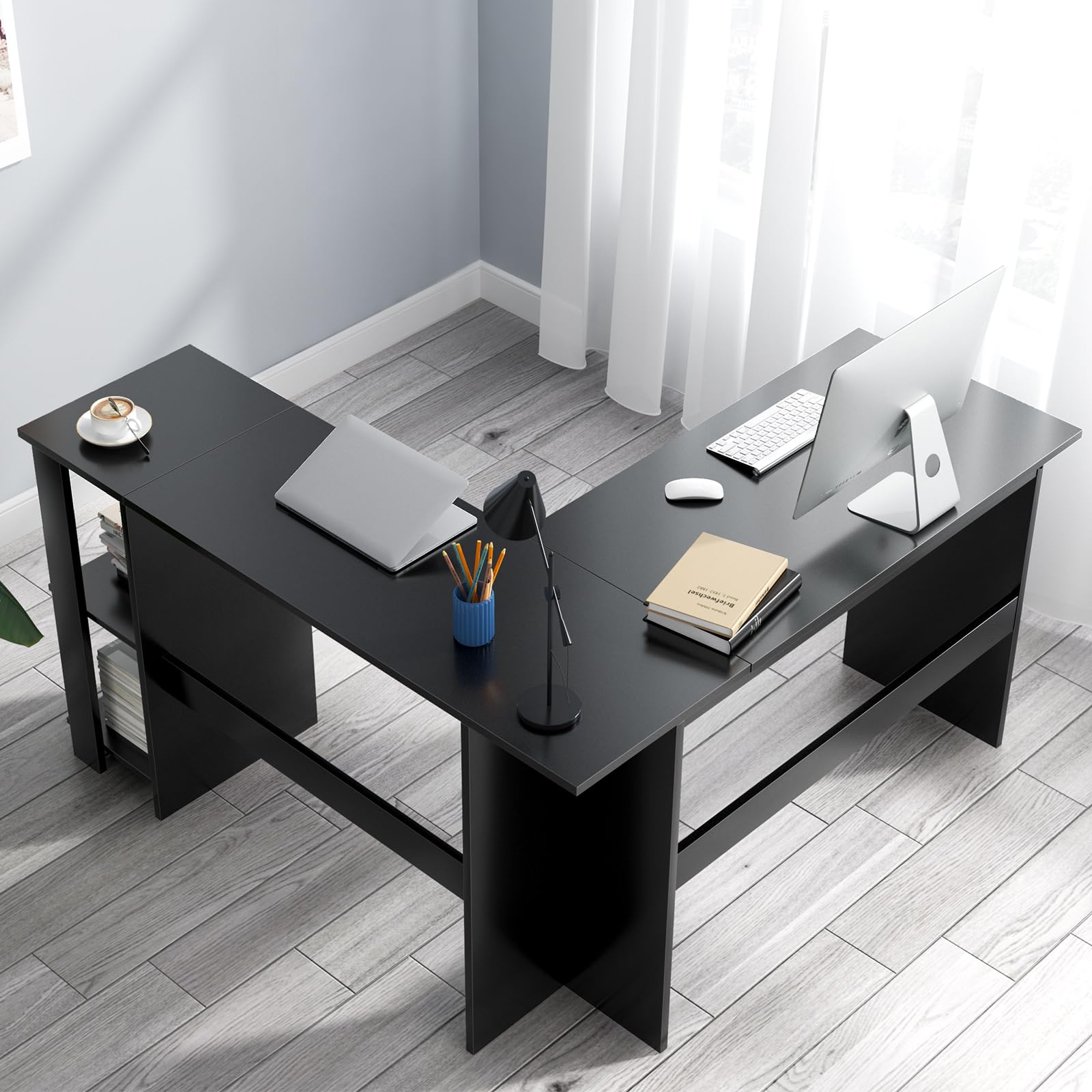 SogesHome Scrivania Angolare grande con 2 Ripiani Scrivania per Computer a Forma L Tavolo PC Robusto Postazione di Lavoro per Casa Ufficio Studio,130 cm x 136 cm