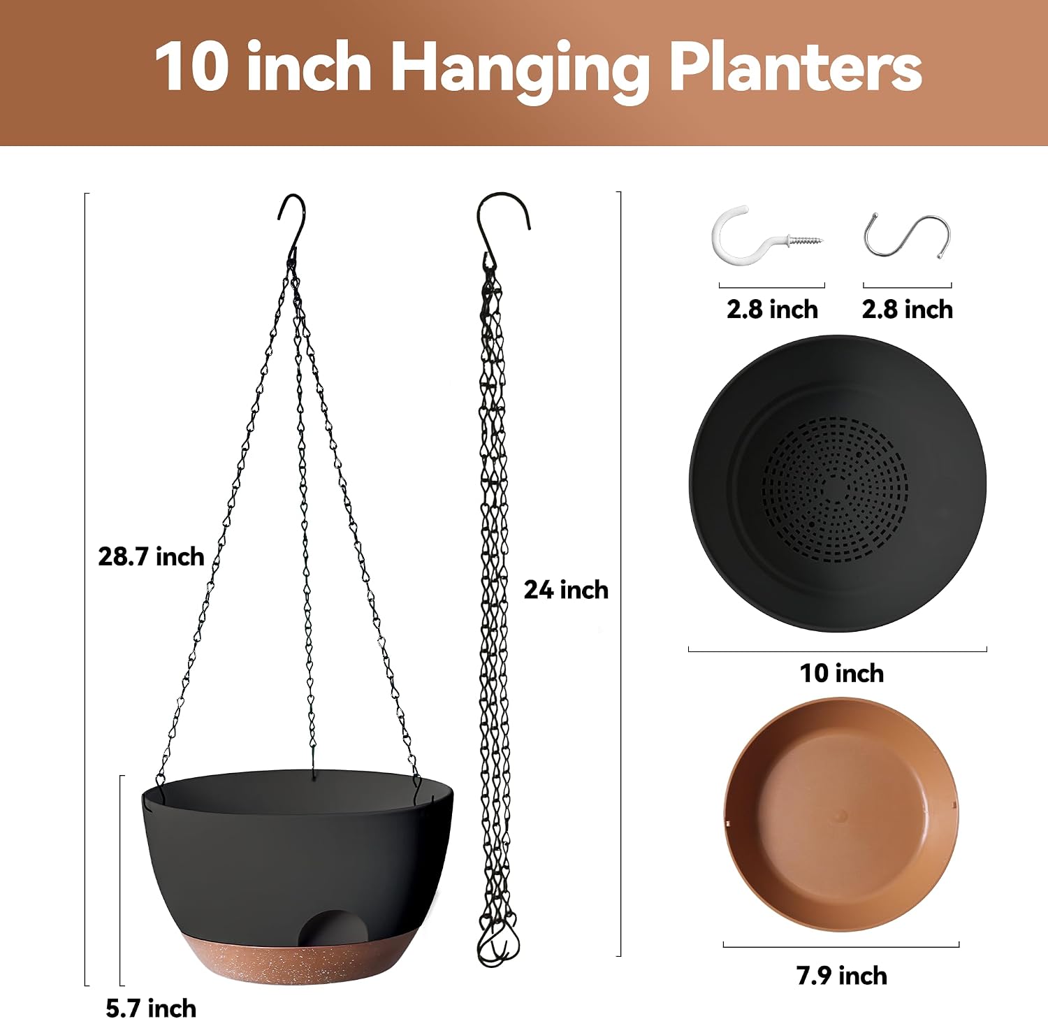 Hanging Planter for Indoor Plants, 10 Inch Self-Watering Hanging Planters with Drainage Holes and Chain, Set of 2 Outdoor Hanging Pots for Garden Home
