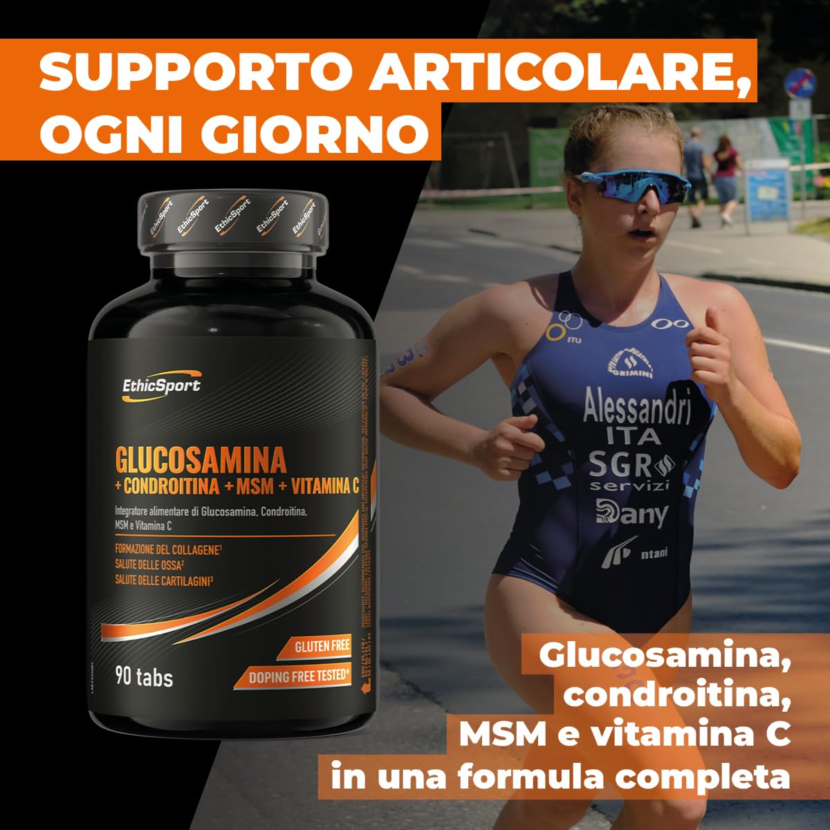 Glucosamina + Condroitina + MSM EthicSport – Integratore articolazioni con Vitamina C 100% NRV per collagene, cartilagini e ossa – 90 compresse – Gluten free, doping free tested*