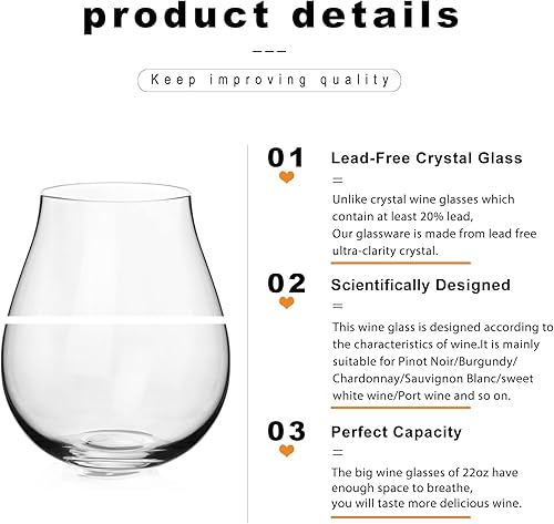 Miniatura 5 de LUXU Copas de vino (22 onzas líquidas) sin tallo, juego de 2 copas de vino rojo y blanco de cristal de lujo, sopladas a mano, copa de diseño del