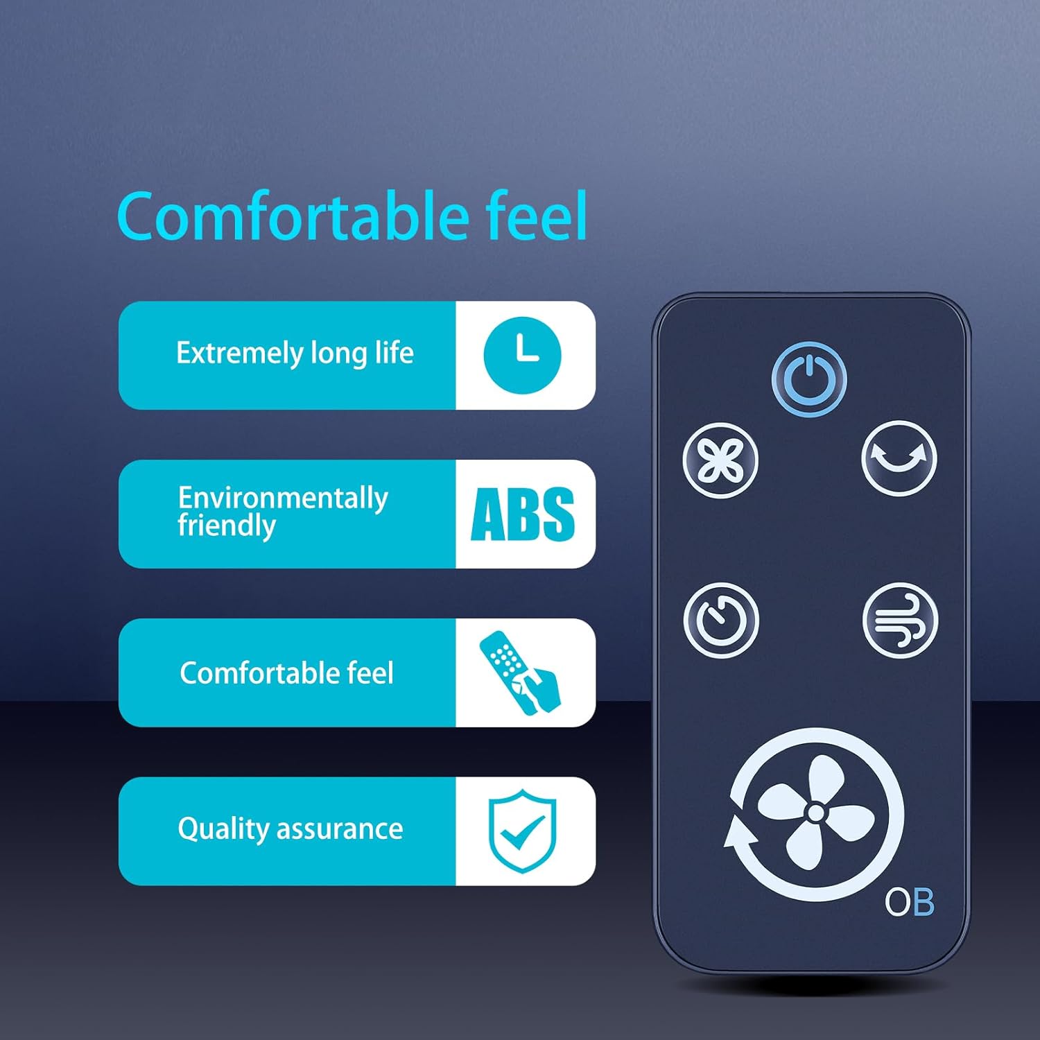 Remote control highlighting comfortable feel, long life, ABS material, and quality assurance.