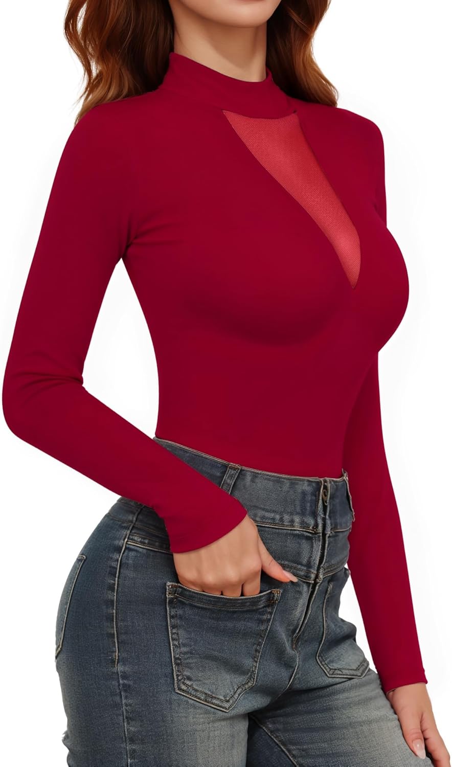 MANGOPOP Long Sleeve Body Suit Mock TurtleNeck Bodysuit for Women Mesh Deep V Bodysuit Tops - Image 3