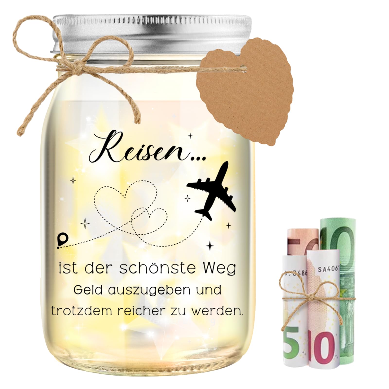 HSDSH Reisen Geldgeschenk, LED Flaschenlicht mit Spruch, Flitterwochen und Urlaub, Weltreise, Reise Urlaub Abenteuer, Flugzeug Geschenk, Geldgeschenke Reisekasse für Frauen Männer Weihnachten