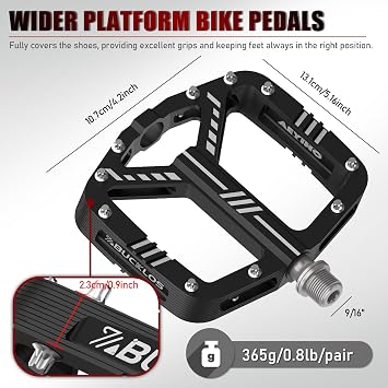 BUCKLOS MTB Flat Pedals Mountain Bike Pedals, 3 Bearings CNC Adult Road Bike Pedals, Bicycle Platform Aluminum Alloy Non-Slip Pedal for Gravel Bike/BMX 9/16(Black)