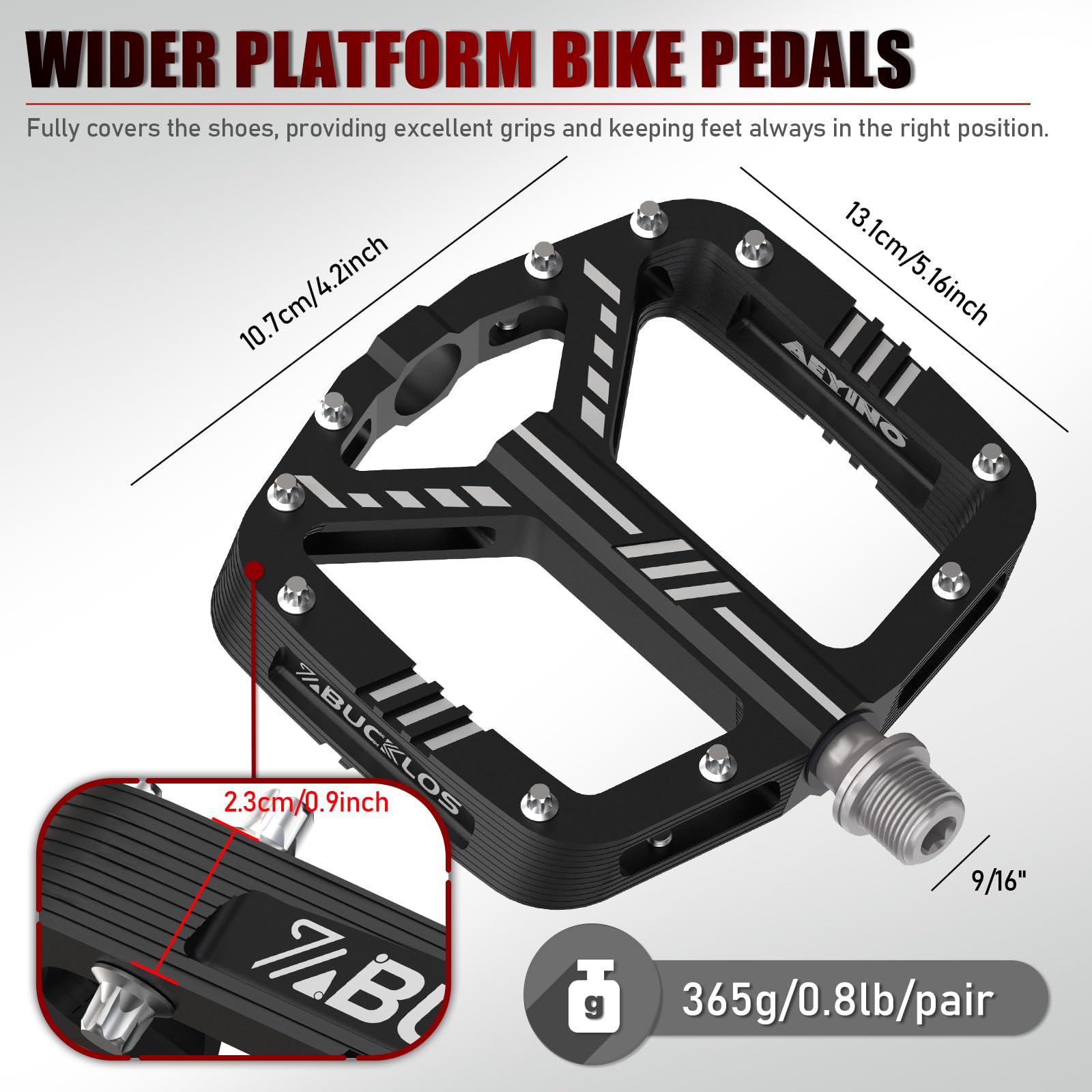 BUCKLOS Flache Mountainbike-Pedale, Mountainbike-Pedale, Aluminiumlegierung, rutschfest, groß, konkav, Plattform-Pedale für BMX, Downhill, AM, Enduro, 2,4 cm (9/16 Zoll) (schwarz) Sport & Freizeit