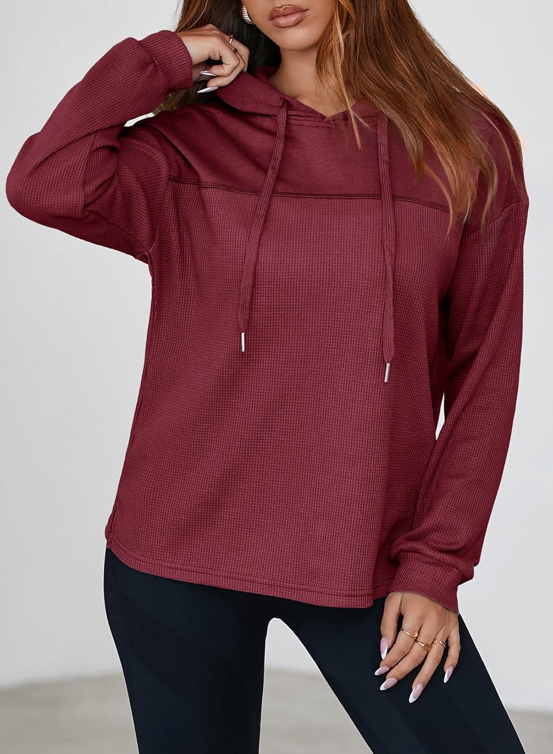 Dokotoo Womens Hoodies Casual Waffle Knit Long Sleeve Drawstring Pullover Sweatshirts Lightweight Hooded Tops - Image 2