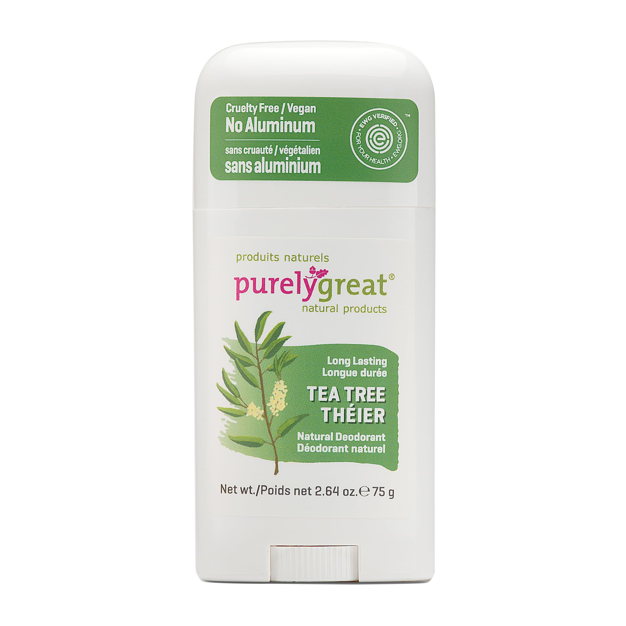 Purelygreat Natural Deodorant Stick - Tea Tree - EWG Verified - Vegan, Cruelty Free - No Aluminium, No Parabens - Essential Oils