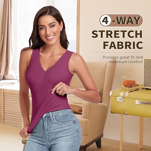 Miniatura 4 de WOWENY Camiseta sin mangas de forro polar térmico para mujer, cuello en V, camisola de encaje, capa base cálida, camisola, chaleco de camisola, ropa
